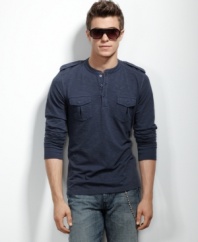 INC International Concepts tricks out your ordinary henley shirt with military-issue epaulets and snap pockets.