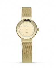 Gold-plated mesh bracelet watch from Skagen with a faceted dial and crystal markers. This understated timepiece boasts a slim profile and advanced Japanese quartz movement for a sleek combination of form and function.