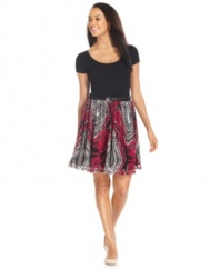 Grace Elements' gorgeous dress features a vibrantly printed skirt that's beautifully balanced by a cap-sleeve, solid bodice and a removable belt.