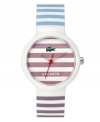 Sweeter than a double scoop ice cream cone. This unisex Goa watch by Lacoste is crafted of blue and lavender stripe silicone strap and round white plastic case. Lavender stripe dial features iconic crocodile logo, cutout hour and minute hands and red second hand. Quartz movement. Water resistant to 30 meters. Two-year limited warranty.