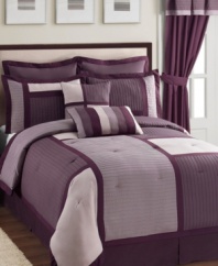 Purple reigns supreme in the Chesire comforter set, featuring everything you need to give your room a stylish makeover in minutes. This chic ensemble boasts textured ribbing on bold blocks of color for a decidedly modern allure. Accent pillows and coordinating window treatments finish the look with flair. (Clearance)