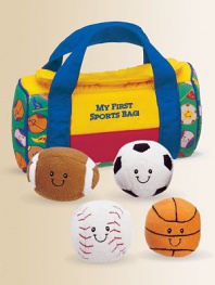 Your little all star in training will be ready to play with this cute set which includes a crinkly baseball, a basketball that rattles, a soccer ball that boings and a football that squeaks, packed neatly in a sporty, soft bag.3.4H X 7.9L X 4.1DPolyesterSurface washRecommended for ages 0 and upImported