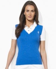 The epitome of sporty heritage, Lauren by Ralph Lauren combines a comfortable mesh polo shirt with a cable-knit combed cotton vest for a chic, athletic look.