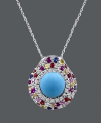The style this season is all about color! Reinvent yourself with this vibrant design from Carlo Viani. Crafted in 14k white gold, a circular pendant features a turquoise center stone (3-1/10 mm) surrounded by multicolored sapphires (7/8 ct. t.w.) and white sapphires (1/8 ct. t.w.). Approximate length: 18 inches. Approximate drop: 3/4 inch.