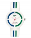 Game, set, match. A charming addition to your Lacoste tennis whites, this unisex Goa watch is crafted of white silicone strap with green and blue stripes and round white plastic case. White dial features green and blue colorblock print, iconic crocodile logo at twelve o'clock, printed text logo at six o'clock, cut-out hour and minute hands and red second hands. Quartz movement. Water resistant to 30 meters. Two-year limited warranty.