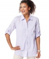 This laid-back shirt from Karen Scott features pintuck pleats at the chest and roll-tab sleeves for menswear-inspired panache.