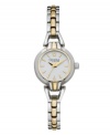 A perfectly petite dress watch styled in traditional two-tone metal. By Caravelle by Bulova. Two-tone bracelet and round case. Silver tone sunray dial features gold tone numerals at twelve and six o'clock, stick indices, three hands and logo. Quartz movement. Water resistant to 30 meters. Two-year limited warranty.