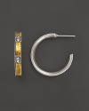 Artful sterling silver hoop earrings with diamonds and hammered 24K yellow gold stations. From Gurhan.