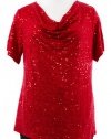 INC, International Concepts Real Red Sequin Cowl Neck Short Sleeve Shirt Top