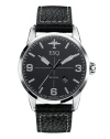 Take your style to new heights with this aviation-inspired timepiece from ESQ by Movado. Crafted of black distressed leather strap and round stainless steel case. Black aviation-inspired dial with silver-tone applied stick indices, numerals at three, six and nine o'clock, date window at four o'clock, three hands and plane logo at twelve o'clock. Swiss quartz movement. Water resistant to 50 meters. Two-year limited warranty.