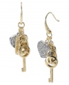 Under lock and key. Bold and flirty drop earrings by Michael Kors combine mini key, heart and czech stone charms. Crafted in gold tone mixed metal. Approximate width: 1/4 inch. Approximate drop: 1-1/4 inches.