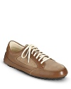 Classic, slip-on casual shoe in rustic leather with elastic gores for easy entry.