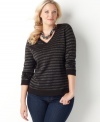 Plus size fashion that lets your style shine. This long sleeve sweater from Charter Club's collection of plus size clothes showcases metallic stripes. (Clearance)