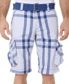 Check it out! Get standout style, constant comfort and convenience with these plaid cargo shorts from Buffalo David Bitton.