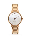 Take an citified approach to accessorizing with this gold-plated watch from kate spade new york. Its round design is city chic, while the Mother-of-Pearl face is oh so urbane.