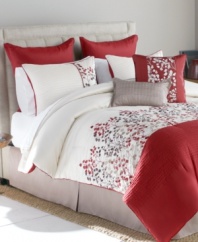 Boasting luxe embroidery and pleated details, the Ava comforter set offers distinct texture and a vine and leaf design that dances upon a pristine white ground. A rich red hue adds lovely color to the set while shams, bedskirt and decorative pillows finish this look of autumnal beauty.