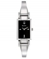 Accessorize with your flair for the dramatic. Elegant watch by Bulova crafted of stainless steel bangle bracelet and rectangular case. Black dial features applied silver tone stick indices at three, six and nine o'clock, logo at twelve o'clock and two hands. Quartz movement. Water resistant to 30 meters. Three-year limited warranty.