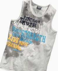 Get motivated. He'll carry confidence wherever he goes in this graphic tank from Akademiks.