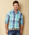 Get bold this season with a big plaid print one this woven shirt from Nautica.