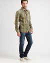 A casual, cool button-front style in washed, plaid-checked cotton.Button-frontChest patch pocketCottonMachine washMade in USA