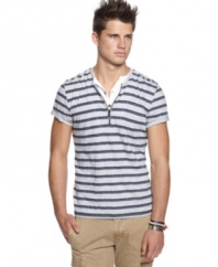 Line up your short-sleeved options this summer. This striped shirt from Bar III has details to keep your style hot.