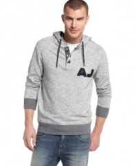 Add this hooded pullover from Armani to your seasonal wardrobe for a soft and warm layered look.