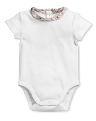 Baby's first Burberry, an adorable bodysuit with woven check collar.