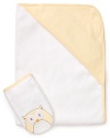 The cute owl embroidered on this so-soft bath mitt and towel set is the perfect pal for baby's evening bath, and the hooded towel keeps baby's head warm.