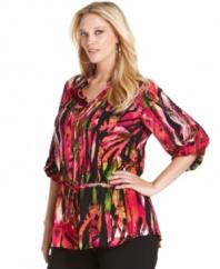 Infuse tropical zest to your style with Calvin Klein's roll-tab sleeve plus size shirt, flaunting a lively print.