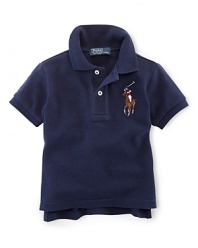 A classic polo shirt is updated with a multicolored Big Pony for preppy style.