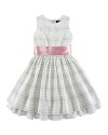 A charmingly traditional dress in multi-striped cotton seersucker has a pretty, full skirt with a petticoat and ribbon sash.