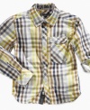 A colorful summer style and deep chest pocket make this plaid shirt from DKNY perfect for adventures in the sun.
