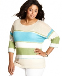Top off your casual bottoms with Charter Club's three-quarter sleeve plus size sweater, finished by a striped pattern. (Clearance)