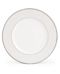 Pure opulence. Posh opalescence. This classically designed line of Lenox dinnerware and dishes is accented by a platinum rim and a delicate flourish of vine-like, white-on-white imprints with raised, iridescent enamel dots. Qualifies for Rebate