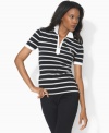 Lauren by Ralph Lauren's sporty short-sleeved polo is tailored with a half-zip placket from comfortable striped cotton and finished with an embroidered crest for heritage appeal.