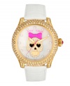 Cuteness to die for. Watch by Betsey Johnson crafted of white croc-embossed leather strap and round polished gold tone stainless steel case covered in crystal accents. White mother-of-pearl dial features crystal accent markers, large gold tone skull with pink bow and crystal accents at center, gold tone hour and minute hands, signature fuchsia second hand and logo. Quartz movement. Water resistant to 30 meters. Two-year limited warranty.