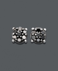 Chic clusters make a startling statement in bold, black hues. Seven, round-cut black diamonds (1/10 ct. t.w.) comprise these stunning stud earrings. Crafted in 14k white gold. Approximate diameter: 4 mm.