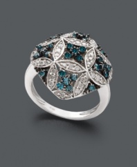 Vintage style with a modern twist. This antique-inspired quilt ring adds a touch of modernity with round-cut blue diamonds (1/2 ct. t.w.) and white diamonds (3/8 ct. t.w.) in a fresh, floral pattern. Statement ring crafted in sterling silver. Size 7.