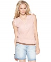 Soften cut-off denim shorts when you pair them with this flirty top from DKNY Jeans. Rendered from semi-sheer fabric, it lends an airy, bohemian touch to your wardrobe.