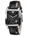 For the man who appreciates the finer things. This stylish watch by Emporio Armani features a croc-embossed black leather strap and rectangular stainless steel case. Textured black chronograph dial with silvertone stick indices, logo, date window and three subdials. Quartz movement. Water resistant to 50 meters. Two-year limited warranty.