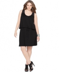 Land a cool look this spring with DKNY Jeans' sleeveless plus size dress, accented by a sheer yoke and drawstring waist.