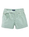 A classic seersucker short has a matching bow for a timeless preppy look.