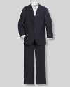Three button suit. Breast welt pocket, center vent and lapel buttonhole. Three button sleeves. Besom and flap pockets. Fully lined. Trousers have a flat front with regular waistband, belt loops and seam pockets.