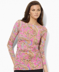 Delicate ruching and a brightly colored paisley print lend chic, feminine style to the stretch jersey petite top from Lauren by Ralph Lauren. (Clearance)