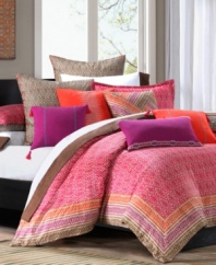 A kaleidoscope of color. Featuring bright, bold hues and geometric patterns inspired by the artistry of Mayan designs, this Echo comforter set makes an exotic statement. Flip the comforter and shams to reveal a gray geo print. Comforter features tackless stitching for clean finish; shams feature overlap closure.