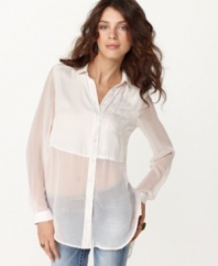 Free People adds a little edge to the traditional button down with a sexy, sheer fabric. Pair it with jeggings for a super-fun look!