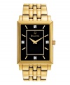 Classic links and polished gold shine on this dress watch by Bulova. Gold tone stainless steel bracelet and rectangular case. Black dial features diamond accent markers at twelve, three, six and nine o'clock, applied gold tone stick indices, two hands and logo. Quartz movement. Water resistant to 30 meters. Three-year limited warranty.