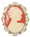 Portrait of a lady. An elegant profile stands out on this refined, vintage-inspired cameo brooch from 2028. Crafted in brass tone mixed metal, opaque resin, and sparkling topaz-colored crystals. Approximate length: 2 inches.