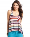 From colorful slub-knit to weathered metallic, stripes of all textures band together on this super-cute Eyeshadow tank top. Check-out the see-through back design!