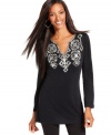 Sparkling details give INC's tunic a sophisticated look! Try it with classic black capris for an elegant anytime look!